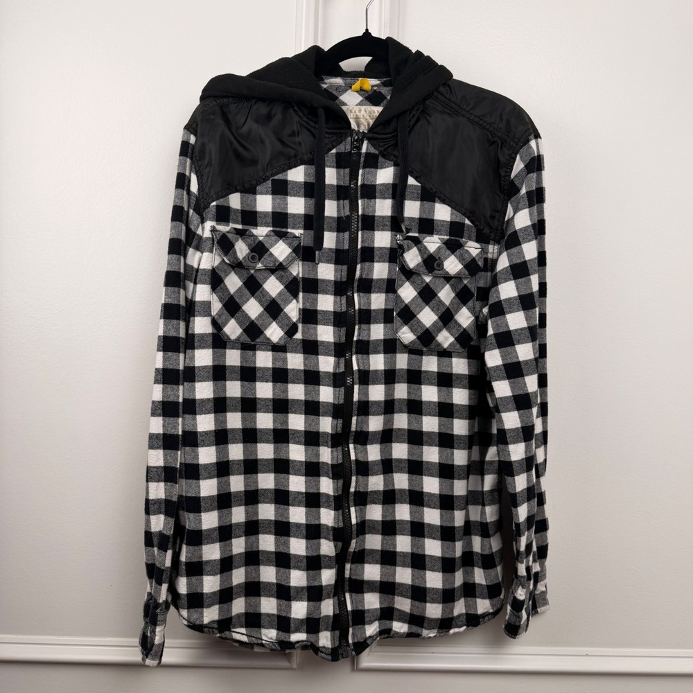 Raw Yarn Industries Mens Medium Black Buffalo Plaid‎ Full Zip Flannel Hoodie